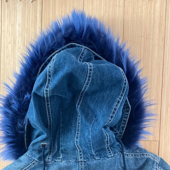 Blue fox fur hooded denim coat